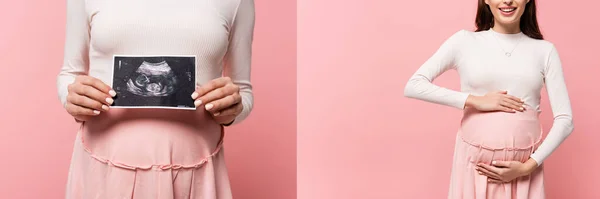 Abgeschnittene Ansicht der glücklichen jungen hübschen schwangeren Frau, die Bauch berührt und Ultraschalluntersuchung isoliert auf rosa hält, Banner — Stockfoto