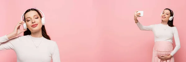 Collage de feliz joven bastante embarazada mujer en auriculares escuchando música y tomando selfie aislado en rosa, pancarta - foto de stock