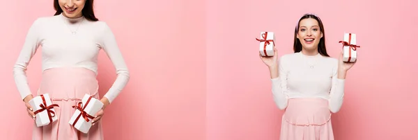 Collage de joyeux jeune jolie femme enceinte avec des cadeaux isolés sur rose, bannière — Photo de stock