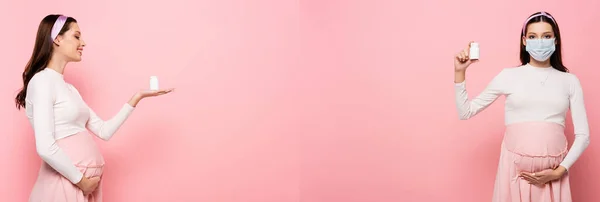 Collage de feliz joven bonita mujer embarazada con vitaminas y en máscara médica aislado en rosa, bandera - foto de stock