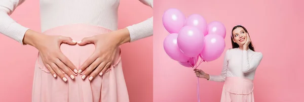 Collage de feliz joven bonita mujer embarazada con globos y mostrando el gesto del corazón aislado en rosa, bandera - foto de stock