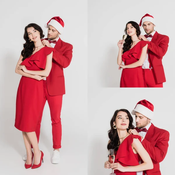 Collage of man in santa hat wearing necklace on girlfriend with glass of champagne on grey background — Stock Photo