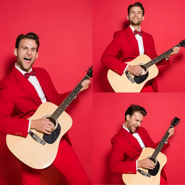 Коллаж веселого человека в костюме, играющего на акустической гитаре на красном фоне — стоковое фото