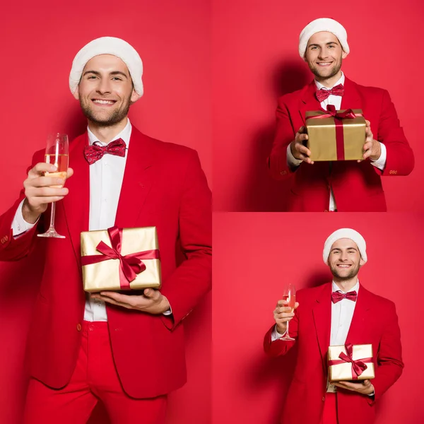 Collage eines fröhlichen Mannes mit Weihnachtsmannhut, der ein Glas Champagner und ein Geschenk auf rotem Hintergrund hält — Stockfoto