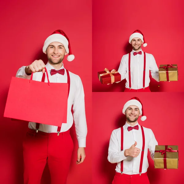 Collage d'homme joyeux dans un chapeau de Père Noël tenant des sacs à provisions, des cadeaux et montrant comme un geste sur fond rouge — Photo de stock