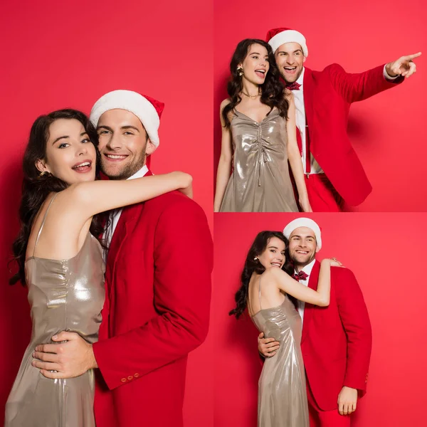 Collage einer lächelnden Frau im Kleid, die ihren Freund in Anzug und Weihnachtsmütze auf rotem Hintergrund umarmt — Stockfoto