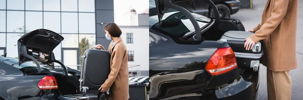 Collage de femme en trench coat et masque médical valise de chargement dans le compartiment à bagages de voiture, bannière — Photo de stock