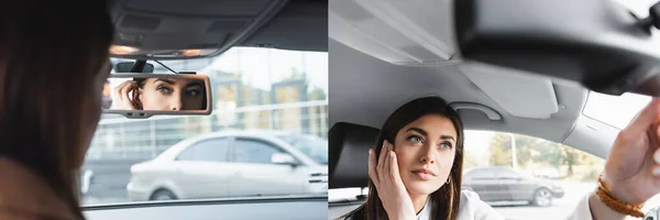 Collage de mujer joven fijando el pelo y tocando la cara mientras se mira en el espejo retrovisor en primer plano borroso, bandera - foto de stock