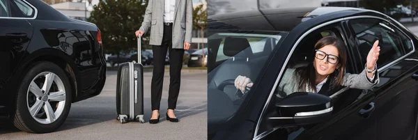 Collage of businesswoman standing with suitcase near auto and gesturing while driving car, banner — Stock Photo