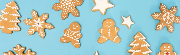 Top view of winter gingerbread cookies on blue background, banner — Stock Photo