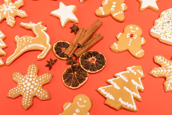 Spices and gingerbread cookies on red background — Stock Photo
