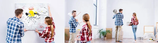 Collage von jungen Mann und Frau, die Bild entfernen, Couchtisch, Teppichrolle und Pappschachtel zu Hause halten, Banner — Stockfoto