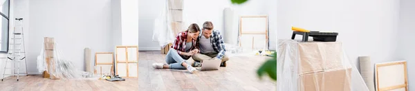 Collage de pareja sonriente mirando a la computadora portátil, rodillo de pintura y bandeja, imágenes, escalera y cajas de cartón cubiertas con polietileno en casa, pancarta - foto de stock