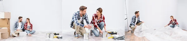 Collage of happy young couple with polyethylene covering floor, looking at each other and sitting near laptop at home, banner — Stock Photo
