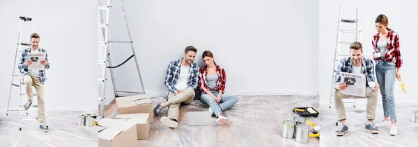 Collage aus lächelndem jungen Mann und Frau, die Zeitung mit Businessschriftzug lesen und zu Hause Laptop auf dem Fußboden betrachten, Banner — Stockfoto