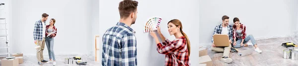 Collage de feliz pareja joven mirándose, seleccionando el color de la pared y sentado cerca de la computadora portátil en el suelo, pancarta - foto de stock