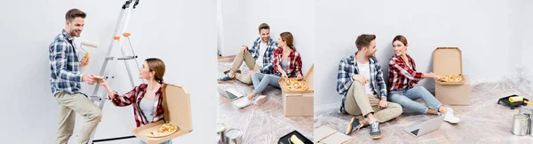 Collage de jeunes couples heureux se regardant et assis près d'un ordinateur portable et d'une boîte avec pizza sur le sol à la maison, bannière — Photo de stock