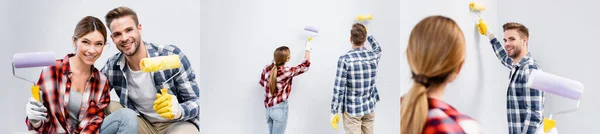 Collage de feliz pareja joven con rodillos de pintura mirando a la cámara y la pared de pintura en casa, pancarta - foto de stock
