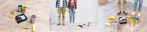 Colagem de jovem casal em pé perto de latas de tinta, rolos, bandeja e luvas no chão coberto com polietileno, banner — Fotografia de Stock