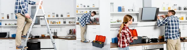 Collage of young man with screwdriver repairing extractor fan, standing on ladder and bending over sink in kitchen, banner — Stock Photo