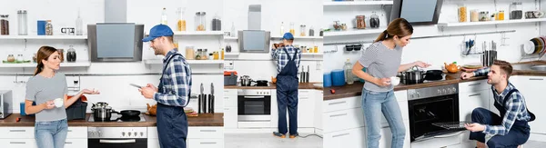 Collage of young woman talking and handyman holding grid near oven and repairing shelves in kitchen, banner — Stock Photo