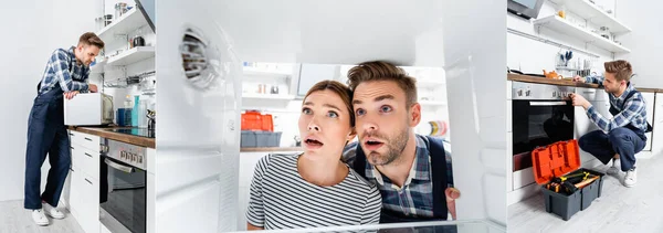 Collage del manitas apoyado en el microondas, botón del horno de comprobación y mirando el congelador cerca de la mujer joven en la cocina, pancarta - foto de stock