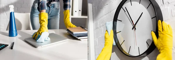 Collage einer Frau in Gummihandschuhen, Putzuhr und Laptop in der Nähe von Notizbüchern auf dem Tisch, Banner — Stockfoto