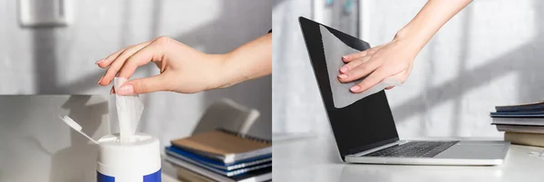 Collage de la mujer que toma la servilleta de limpieza y la pantalla deslizante de la computadora portátil, bandera - foto de stock