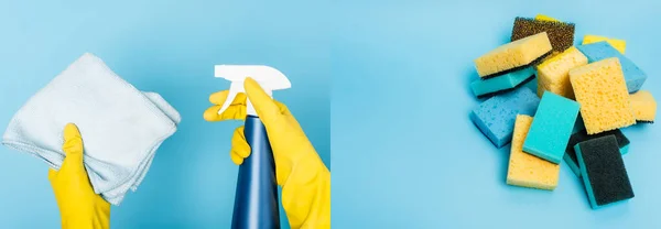 Collage einer Person in Gummihandschuhen mit Waschmittel und Lappen und Schwämmen auf blauem Hintergrund, Banner — Stockfoto