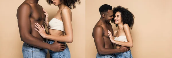 Collage de afroamericano hombre abrazando rizado novia aislado en beige - foto de stock