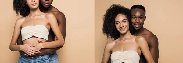 Collage de torse nu homme afro-américain étreignant femme heureuse isolé sur beige — Photo de stock