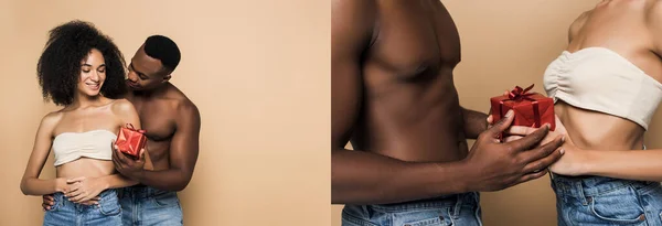 Colagem de homem americano africano sem camisa dando presente embrulhado para mulher no bege — Stock Photo