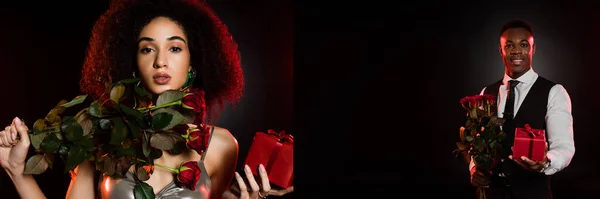 Коллаж кудрявая африканская американка в платье и мужчина в костюме держащий подарочные коробки и розы на черном — стоковое фото