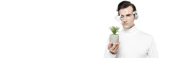 Cyborg em lente de olho digital e fones de ouvido segurando planta em vaso e olhando para a câmera isolada em branco, banner — Fotografia de Stock