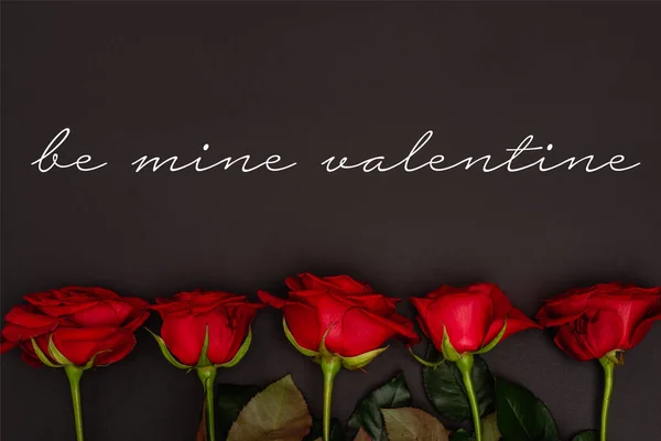 Top view of red roses near be mine valentine lettering on black — Stock Photo