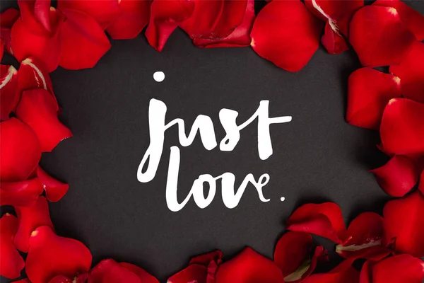 Top view of just love lettering in frame with rose petals on black — Stock Photo