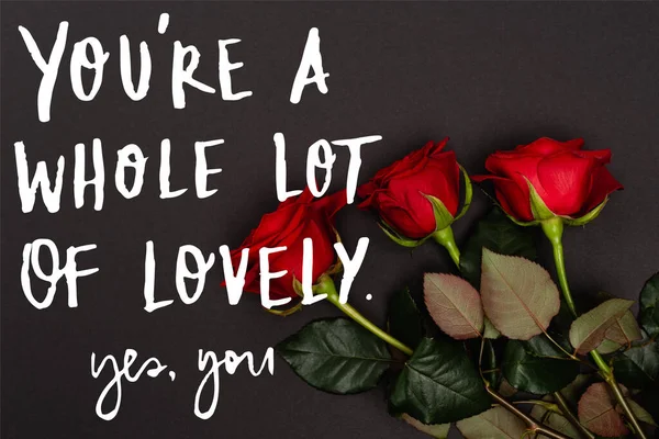 Top view of red roses near you re a whole lot of lovely, yes you lettering on black — Stock Photo