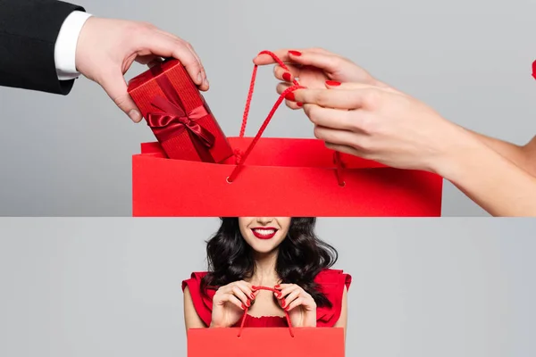 Collage de hombre poniendo caja de regalo en bolsa de papel en manos de mujer con labios rojos aislados en gris - foto de stock