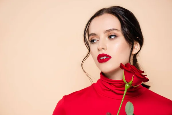 Brunette woman with red lips holding red rose and looking away isolated on pink — Stock Photo