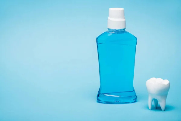 White model of tooth and bottle of mouthwash on blue background with copy space — Stock Photo