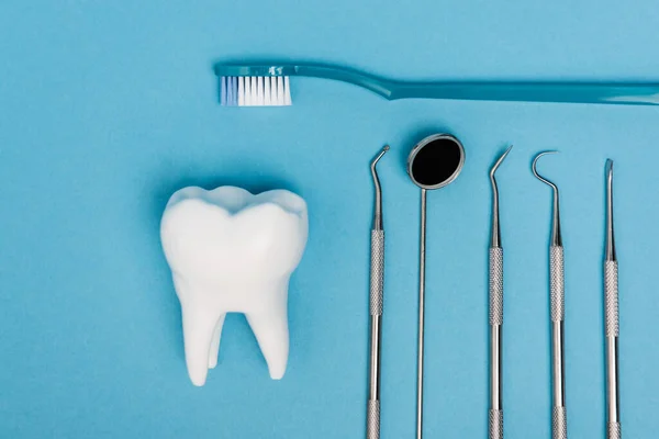 Vista superior del modelo de dientes cerca del cepillo de dientes y herramientas dentales sobre fondo azul - foto de stock