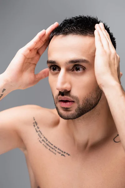 Sem camisa, tatuado hispânico homem tocando cabelo isolado no cinza — Fotografia de Stock