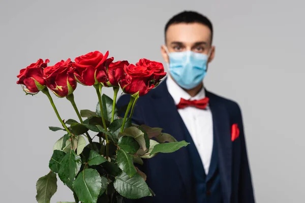 Elegante hombre hispano en máscara médica con rosas rojas aisladas sobre fondo gris y borroso - foto de stock