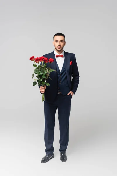 Vista completa del elegante hombre hispano con la mano en el bolsillo sosteniendo rosas rojas en gris - foto de stock