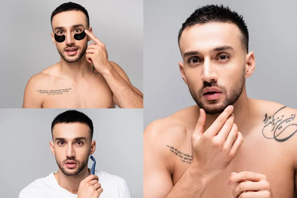 Collage de joven hombre hispano tatuado aplicando parches en los ojos, tocando la barbilla y afeitándose aislado en gris - foto de stock