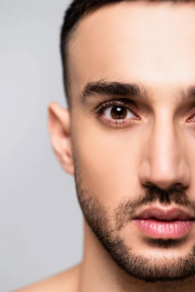 Close up view of bearded hispanic man looking at camera isolated on grey — Stock Photo