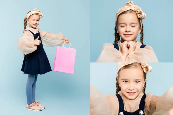 Collage di piccolo cliente in possesso di shopping bag, sorridente, mostrando pollice verso l'alto e guardando la fotocamera sul blu — Foto stock