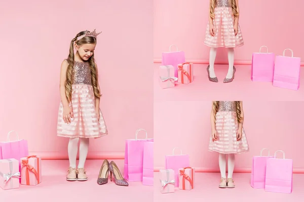 Collage de heureuse petite fille en couronne regardant talons près de cadeaux et sacs à provisions sur rose — Photo de stock