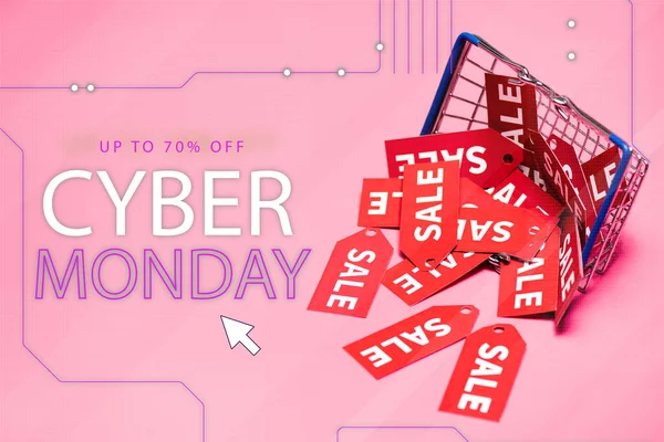 Sale tags near shopping basket and up to 70 percent off, cyber monday lettering on pink, black friday concept — Stock Photo