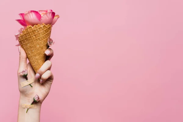 Teilansicht einer Frau, die Waffelkegel mit Blütenblättern in der Hand hält, mit Blumen bedeckt, die von Pflastern auf rosa isoliert sind — Stockfoto